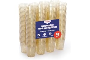 MATANA 60 återanvändbara skottglas i klar plast med gyllene paljetter, 30 ml - solida skytteglas för fest, bröllop, födelsedag, provsmakning