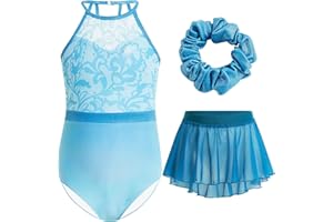 Gogokids Girls 3 PCS Halter Gymnastics Set, Kids Gymnastics Leotard with Rhinestone & Mesh Floral Design, Sparkling Ballet Unitards Includes Leotard, Chiffon Skirt & Hair Tie Gymnastics Gifts for 3-12