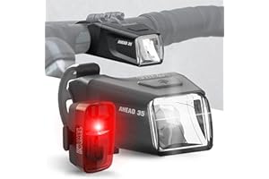Büchel Ahead zestaw świateł rowerowych, 35/15 luksów, na środku kierownicy, dopuszczone do ponownego ładowania, światło rowerowe LED, przednie + tylne światło, czarne