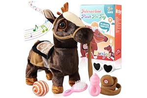 Marsjoy Schwarz Plüschtier Interaktives Spielzeug Pony der Läuft und Bellt, Kinder Mädchen Spielzeug Haustier Plüschtier mit Gehen, Bellen, Schwanzwedeln, Singen Funktion Lauf- und Soundfunktion