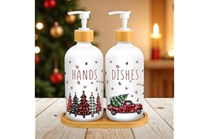 HUFAND Christmas Buffalo Plaid Tree Truck Glass Soap Dispenser With Pump - Refillable Kitchen Decor for Home, Bathroom Countertop - Christmas Hand Soap Container
