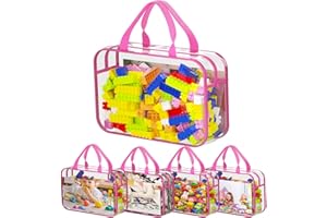 VERONLY Toy Zippered Blocks Set Storage Bags for Kids - 4PC Large PVC Storage Organizer Bags with Mesh Side Pockets for Puzzle, Clay, Book, Small Models and Mini Plush Toys. 30x23x6.6 (Pink)