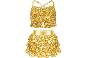 Miaeowve Kids Girls Sequins Latin Jazz Dance Outfit Crop Top with Mini Skirt Stage Performance Costume