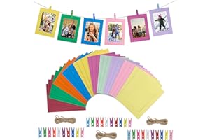 HONGXIN-SHOP Paper Photo Frame 30 Pcs DIY Creative Retro Kraft Paper Picture Mats Hanging Album Frame with Mini Clips and Hemp Ropes for Home Dorm Office 6 inch 10 Colors
