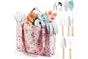 Grenebo Gardening Tools, 10-Piece Garden Tools Gift Set for Women, Rustproof and Durable Tools with Floral Organiser Bag, Gift for Gardening Women (Pink White)