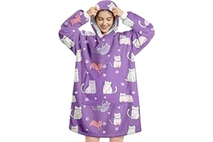 ‎QUEENSHIN Queenshin Hoodie Decke Oversize Katze Lila mit Ärmeln Kuscheldecke Deckenpullover für Damen Herren, Tragbare Decke zum Anziehen Erwachsene, Übergroßer Hoodie Sweatshirt Sherpa Warm und Weich