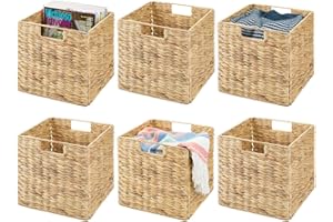 mDesign Set of 6 Storage Basket – Foldable Water Hyacinth Storage Box – Basket Storage Unit Ideal for Storing Clothes, Toys or Magazines – with Wickerwork Pattern – Natural