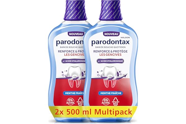 PARODONTAX - Bain de Bouche Quotidien à l'Acide Hyaluronique - Renforce & Protège les Gencives - Combat les Bactéries de la Plaque Dentaire - 0% Alcool - Menthe Fraîche - 2 x 500 ml