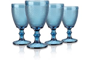 Joeyan Lot de 4 Verres à Vin Vintage Bleus de 300 ml Avec Petit Relief de Perles,Colorés Ensemble Gobelets à Vin Pour Boissons au Jus de Vin,Verres à Boire Rétro Avec Pied,Passent au Lave-Vaisselle