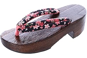 KAWAII-STORY K-G-62-1 - Sandales japonaises en bois naturel naturel - Motif fleurs - Rose et noir