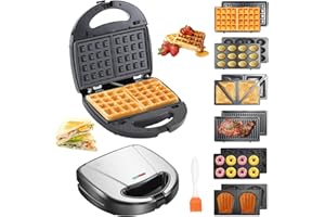 OKYUK Gaufrier, Gauffrier multifonctions 750W avec 6 plaques de gril antiadhésives amovibles, machine a panini répondant à différents besoins de petit-déjeuner