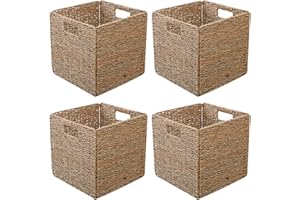 Aolawco Kallax Lot de 4 paniers de rangement tressés pliables en osier pour le rangement - 28 x 28 x 28 cm - Panier de rangement stable avec poignées de transport pour étagères, garde-manger, salle de
