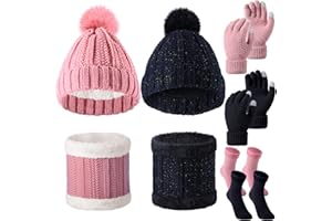 SINTEGE 8 Pieces Women Warm Winter Pom Beanie Hats Knit Skull Caps Knitted Neck Warmers Scarfs Knitted Touchscreen Gloves Socks Set