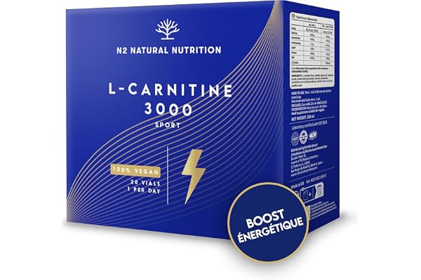 L CARNITINE 3000 PURE Liquide. Extra Fort BOOSTE Energie Améliore Rendement Sportif Recuperation.20 Flacons 3000mg Incassable Ouverture Facile VÉGAN UE. N2 Natural Nutritio
