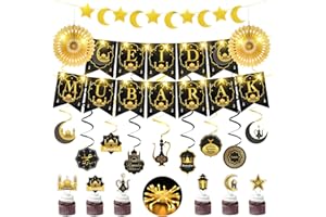 FFZZKJ Ramadan Decorations Set Ramadan Banner Eid Mubarak Decorations with 3M 30LED Fairy Lights, Hanging Swirl, Crescent Moon & Star Banner for Party/Home/Umrah, Black and Gold