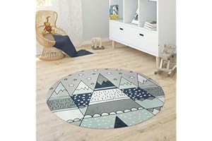 Paco Home Alfombra Infantil Redonda Chicas Chicos Estrellas Luna Elefante Arco Iris, tamaño:Ø 150 cm Redon, Color:Gris 1