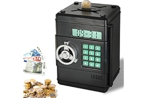 FISHTEC - Tirelire Electronique avec Comptage Automatique - Coffre Fort Digital à Code 6 Chiffres Compartiment Pièce et Billet - Fonction Horloge - Idéal Cadeau Anniversaire Noel