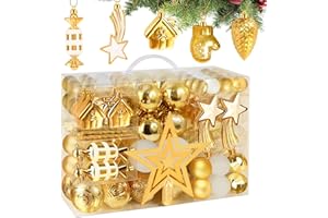 Viosmut Zestaw złotych bombek choinkowych, 107 sztuk, zabawne ozdoby choinkowe, ozdoby choinkowe, z tworzywa sztucznego, bombki choinkowe ze smyczkami, dekoracja świąteczna, na imprezę
