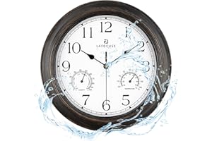 Lafocuse Wodoodporny zegar ścienny na zewnątrz / wewnątrz z termometrem i higrometrem, cichy nietykający kuchenny dom wiejski z brązu zegary ścienne na baterie, dekoracyjny na patio, werandę, garaż 30