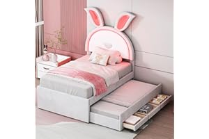Rtopsu Kinderbett Polsterbett 90x200 cm mit Hasenohr-LED, Einzelbett mit Ausziehbarem Bett und 3 Stauraum Schubladen für 2 Kinder, Bettgestell mit Lattenrost aus Holz, Samt, Beige, Ohne Matratze