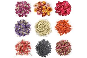 SERAOKICKY 9 Paquetes Tipos de Flores Secas para Jabón, Hierbas Secas y Pétalos, Kit de Hierbas, Jazmín, Nomeolvides, Rosa, Lirio, Ciruelas Rojas... para la fabricación de jabones y Velas