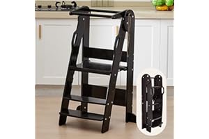 FUNLIO Torre de Aprendizaje Plegable, Torre Montessori con Rieles de Seguridad para Niños de 2 a 6 Años, Torre Aprendizaje Ajustable en Altura de 3 Niveles, Fácil de Montar, Aprobado por CE - Negro