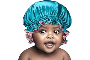 Sengterm Bonnet de nuit, en satin, double couche, réglable, soyeux, avec bandeau élastique, pour les soins des cheveux des bébés et enfants de 0 à 2 ans, vert et rose