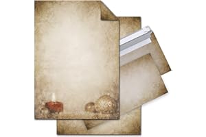 Logbuch-Verlag Lot de 12 feuilles de papier à lettres de Noël vintage DIN A4 + 10 enveloppes – Boules de Noël