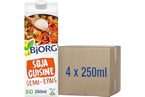 BJORG - Soja Cuisine Semi-épais - Pour recettes sucrées et salées - Source d’Oméga 3 - 250 ml - lot de 4 (total de 1000ml)