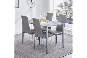 Paonne Glass Dining Table Chair Set 4, 5Pcs Dining Room Set 4, Glass Rectangular Table with PU Leather Chairs Modern Home Kitchen Furniture Set