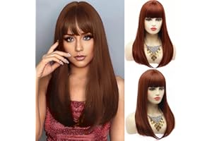 BESTUNG Peluca de 50 cm de largo y recto, para mujer, pelo sintético completo, con flequillo, para disfraz de cosplay o vida diaria (rojo cobre)