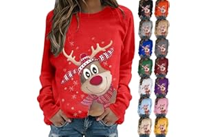Nuoke Christmas jumpers for women Ugly Long Sleeve Elk Print ladies Jumper plus size Sweatshirt Xmas Pattern tops Casual funny Comfortable Light novelty Clothes outfits