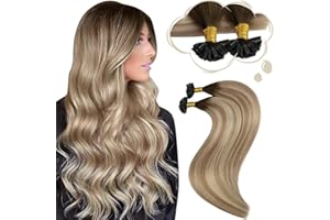 Moresoo Extension Capelli Veri Cheratina Balayage Marrone a Marrone Chiaro con Biondo Medio Remy Extension Cheratina 50 Ciocche #3/8/22 35 cm 40g