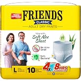 Friends Classic Adult Diaper L Size Pants | 10 Count (Large) | Waist 30 - 56 inch | Aloe Vera | Unisex | Quick & Even Absorption | Long Protection hours | Brief-Like Fit | Odour Lock | Leakproof | Elastic Waist & Anti-Bacterial Absorbent Core
