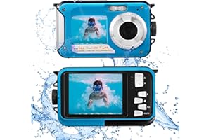 Kotsy Underwater Camera Full HD 2.7K 48MP, Doppelbildschirm Anti-Shake mit LED-Mikrofon und 16 x Digital zoomSnorkelling Waterproof Digital Camera for Self-Timer Underwater, Swimming Blau