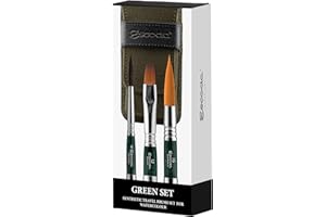 ESCODA Set 3 Pinceles Acuarela - Green Set Viaje N.4,12,16 Redondo Punta Salida Larga Carrado Pelo Sintético Serie Último Prado Barroco Estuche Tela Profesional Fabricado a Mano en España.