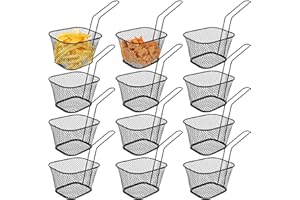 BEHOGAN Lot de 12 petits paniers à frites en acier inoxydable avec poignée - Noir - Panier de service pour frites, crevettes, rondelles d'oignon