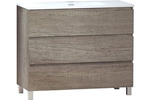 BAIKAL Conjunto de Mueble de Baño LESI. Compuesto por Mueble con Patas y Lavabo Cerámico. Tres Cajones. Melamina 16mm. Mueble MONTADO. Fondo 100 cm Nebraska