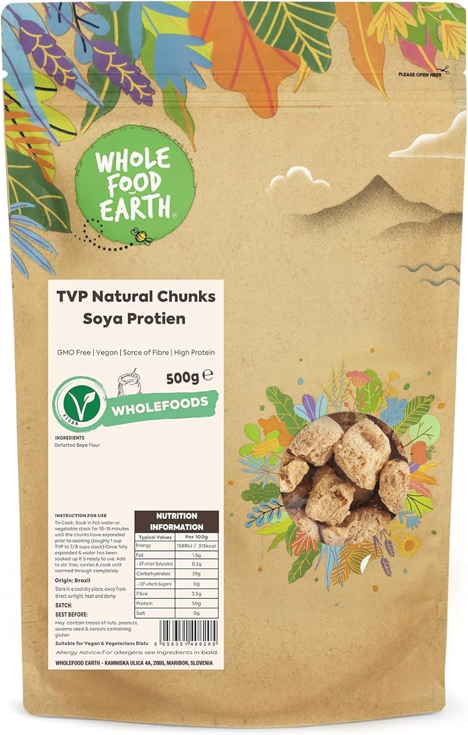 Wholefood Earth TVP Natural Chunks Soya Protien 500 g | Libre de OGM | Tipo de fibra | Alto en proteínas