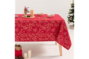 GAMUSI Mantel Navidad Floral Jacquard Hilo Dorado Mesa Comedor Rectangular Decoración Navideña 140x300 cm Color Rojo