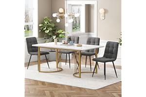 Ctastay Esstisch Set mit 4 Stühlen 140x80 cm, Essgruppe mit 4 Stühlen aus Samt, Küchen-Esstisch für Zuhause & Familie, Gold Metall Tischbeine + 4 Dunkelgrau Stühlen