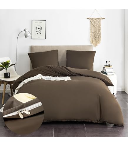 Parure De Lit 3 Pièces Marron 280x240 Cm – Microfibre Douce – Avec 2 Taies 65x65 Cm – Motifs Rayures