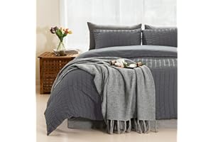 Tokokimo Grey Duvet Cover Double - Seersucker Bedding Set 3 pieces, Soft Microfiber Textured Grey Duvet Sets with 2 Pillowcases for Double Bed Puckering Bedding Sets, Grey/Seersucker
