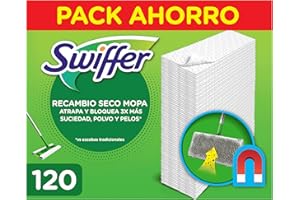 Swiffer Paños Secos Para Mopa De Recambio Para Parqué Y Todo Tipo de Suelos, Atrapa 3 Veces Mas Polvo, Suciedad Y Pelo Que Una Escoba, 120 Unidades