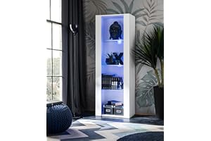 Komodee, Vitrina Tivoli, Blanco, Ancho 55 cm x Alto 159 cm x Profundidad 35 cm, LED Azul, 3 estantes, para salón, Dormitorio, Pasillo