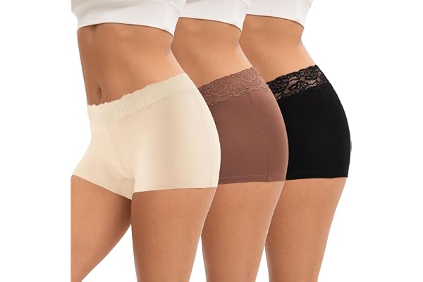 INNERSY Boxershorts för kvinnor, bomull, kalsonger, spets, underkläder, 3 | 100 % bomullssteg, hipstertrosor mjuka, underbyxor med ben, pojkshorts bekväma, byxor under klänning, underkjol shorts