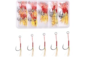 JSHANMEI Assist Jig - Kit di Ami da Pesca, 50 Ganci Con Piume in Acciaio Ad Alto Tenore di Carbonio Affilati per Esche a Passo Lento, Set per Traina