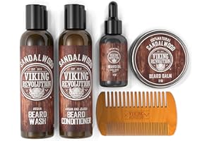 Viking Revolution - Kit Barbe Homme - Adoucit, Hydrate & Soulage les Démangeaisons - Contient Après Shampoing & Shampoing Barbe, Peigne Barbe, Baume & Huile Barbe Homme - Bois de Santal