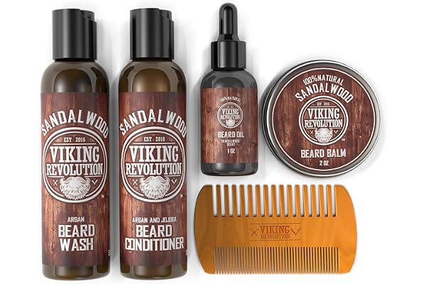 Viking Revolution - Kit Barbe Homme - Adoucit, Hydrate & Soulage les Démangeaisons - Contient Après Shampoing & Shampoing Barbe, Peigne Barbe, Baume & Huile Barbe Homme - Bois de Santal