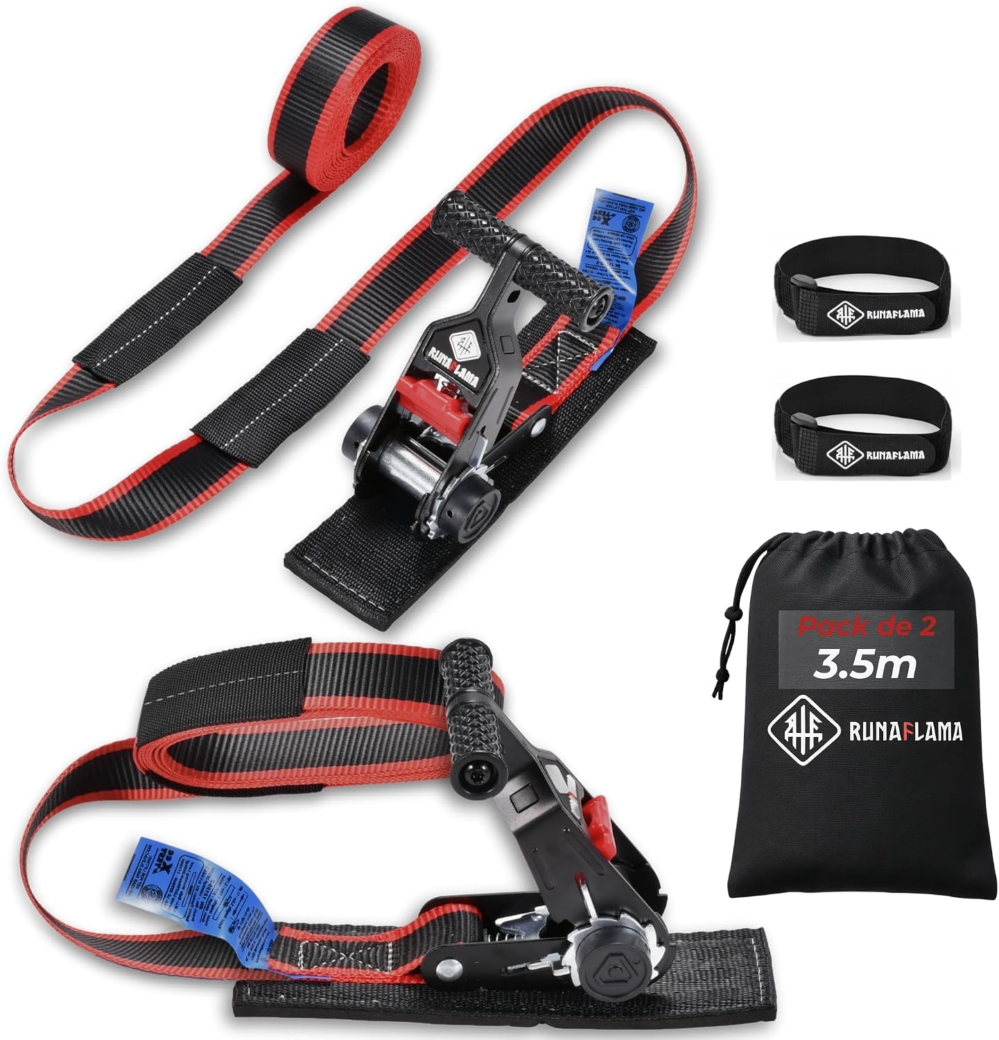 RUNAFLAMA - Cinchas de Amarre Carraca con Protección - Eslingas de Carga para Baca Coche, Surf, Kayak, Paddle - Trinchas de Sujeción a Portabicicletas - F. Rotura 1600 kgf/Cinta - 2 Correas de 3,5m